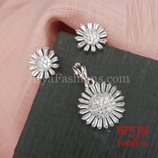 Sasha Silver Cubic Zirconia Flower Pendant with Stud Earrings