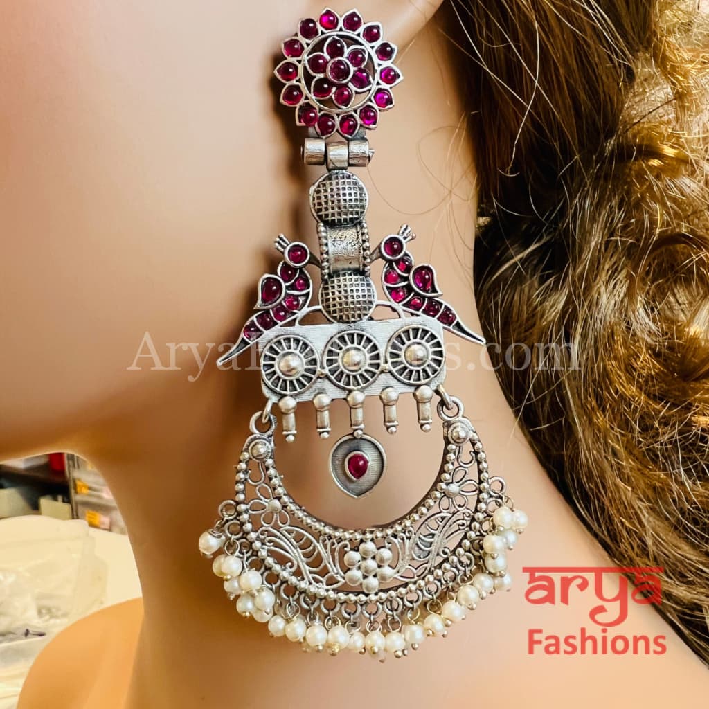 Shahnaz Long Silver Oxidized Chandbali Earrings