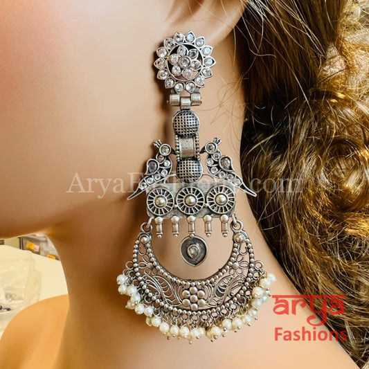 Shahnaz Long Silver Oxidized Chandbali Earrings