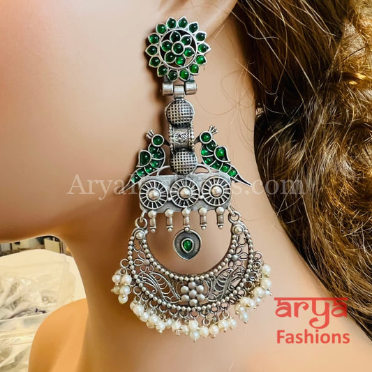 Shahnaz Long Silver Oxidized Chandbali Earrings