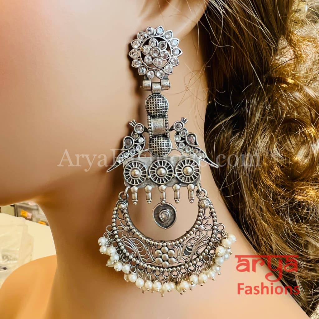 Shahnaz Long Silver Oxidized Chandbali Earrings