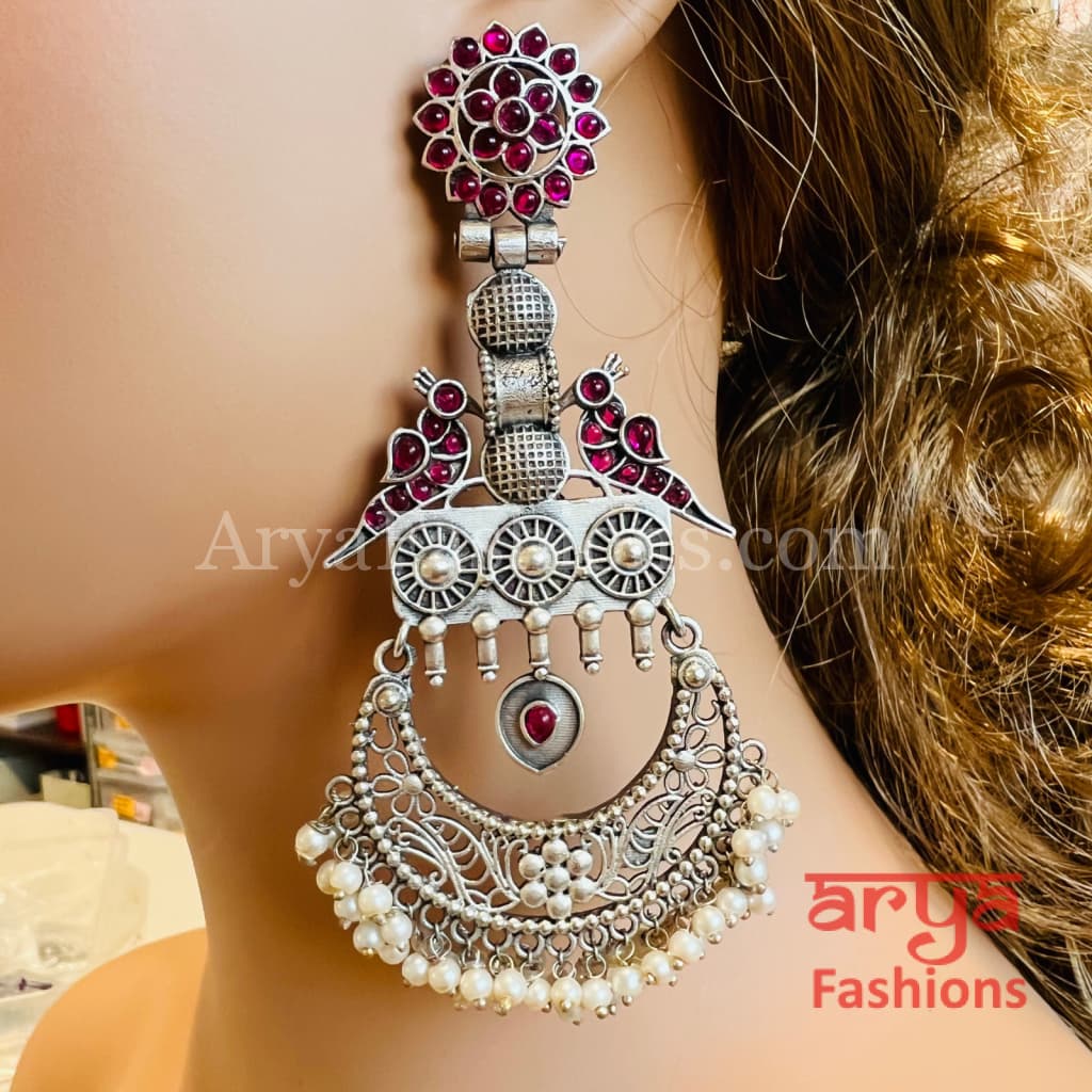 Shahnaz Long Silver Oxidized Chandbali Earrings