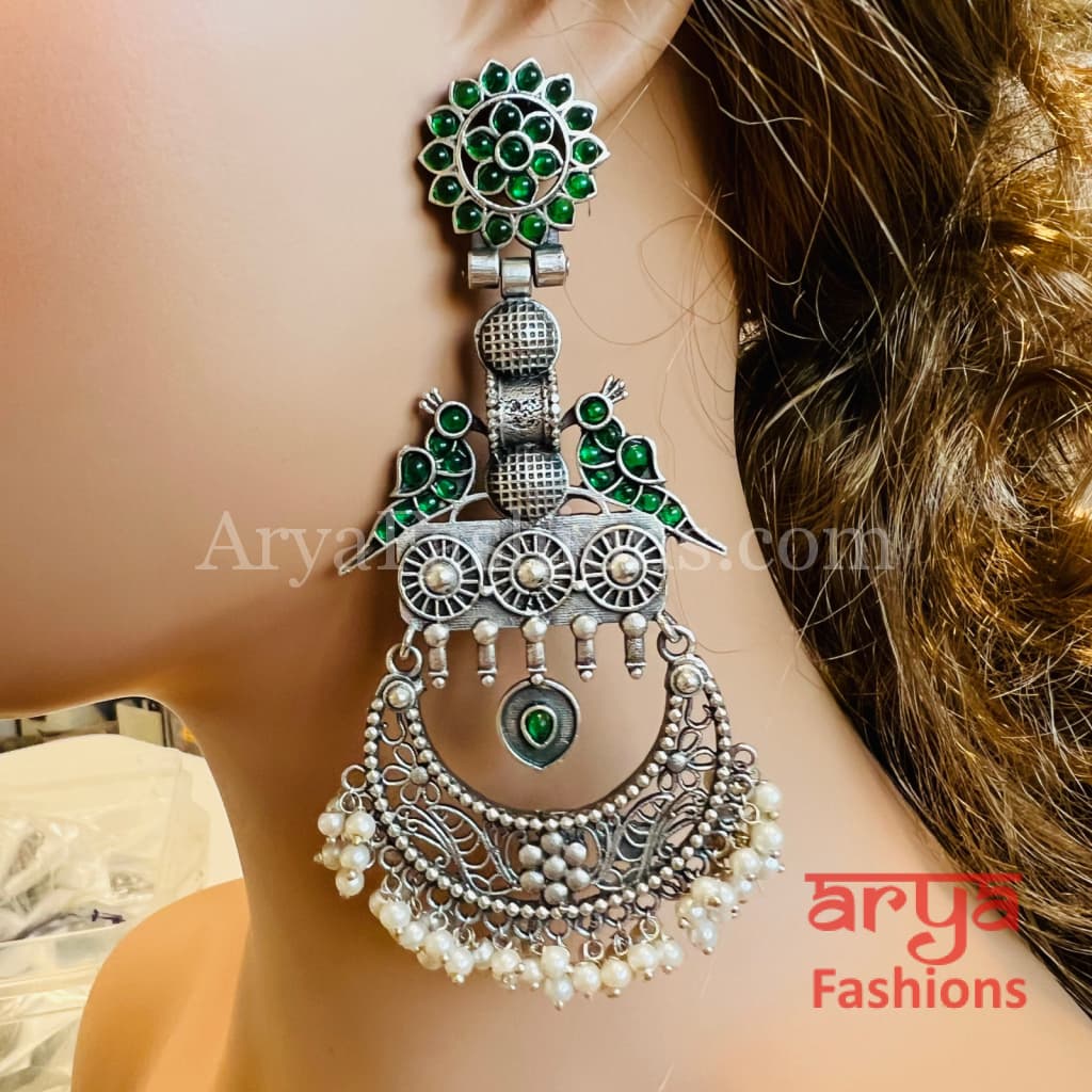 Shahnaz Long Silver Oxidized Chandbali Earrings