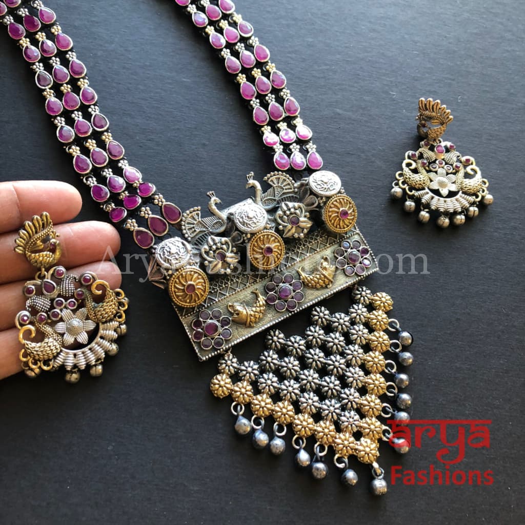 Shaia Silver Oxidized Tribal Necklace with colored Cultured Stones