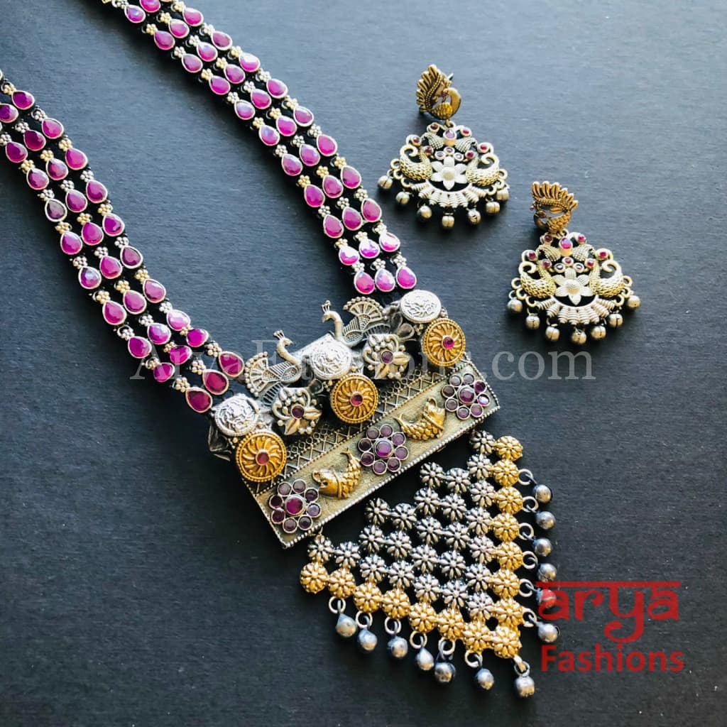 Shaia Silver Oxidized Tribal Necklace with colored Cultured Stones