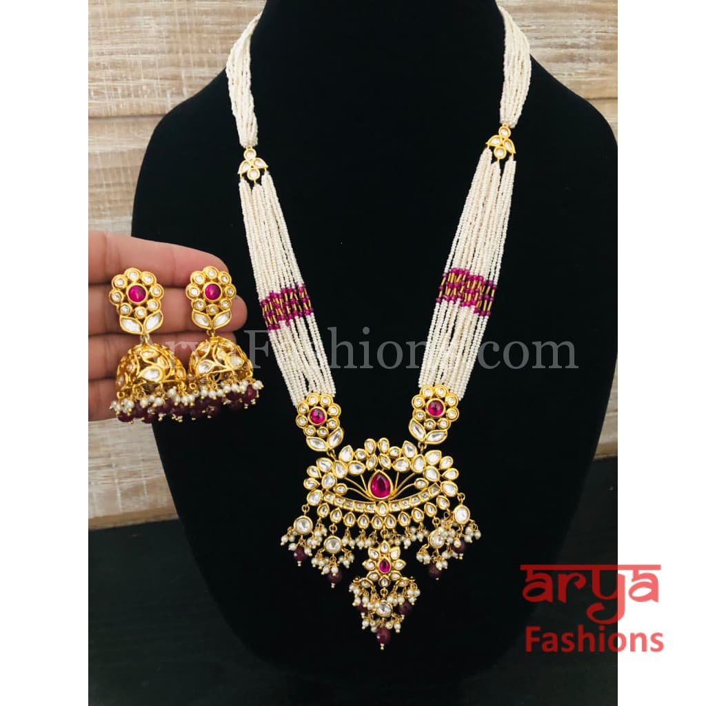 Shaira Long Pacchi Kundan Emerald Statement Necklace/ Rajwadi Ruby Necklace