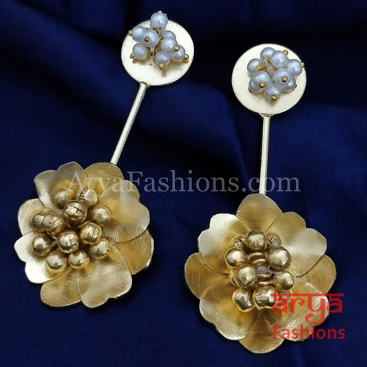 Sheena Matte Gold Pearl Long Party Earrings with Ghungroo beads