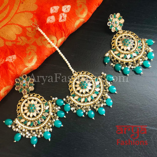 Sheena Mirror Mang Tika and Chandbali Earrings Combo Set