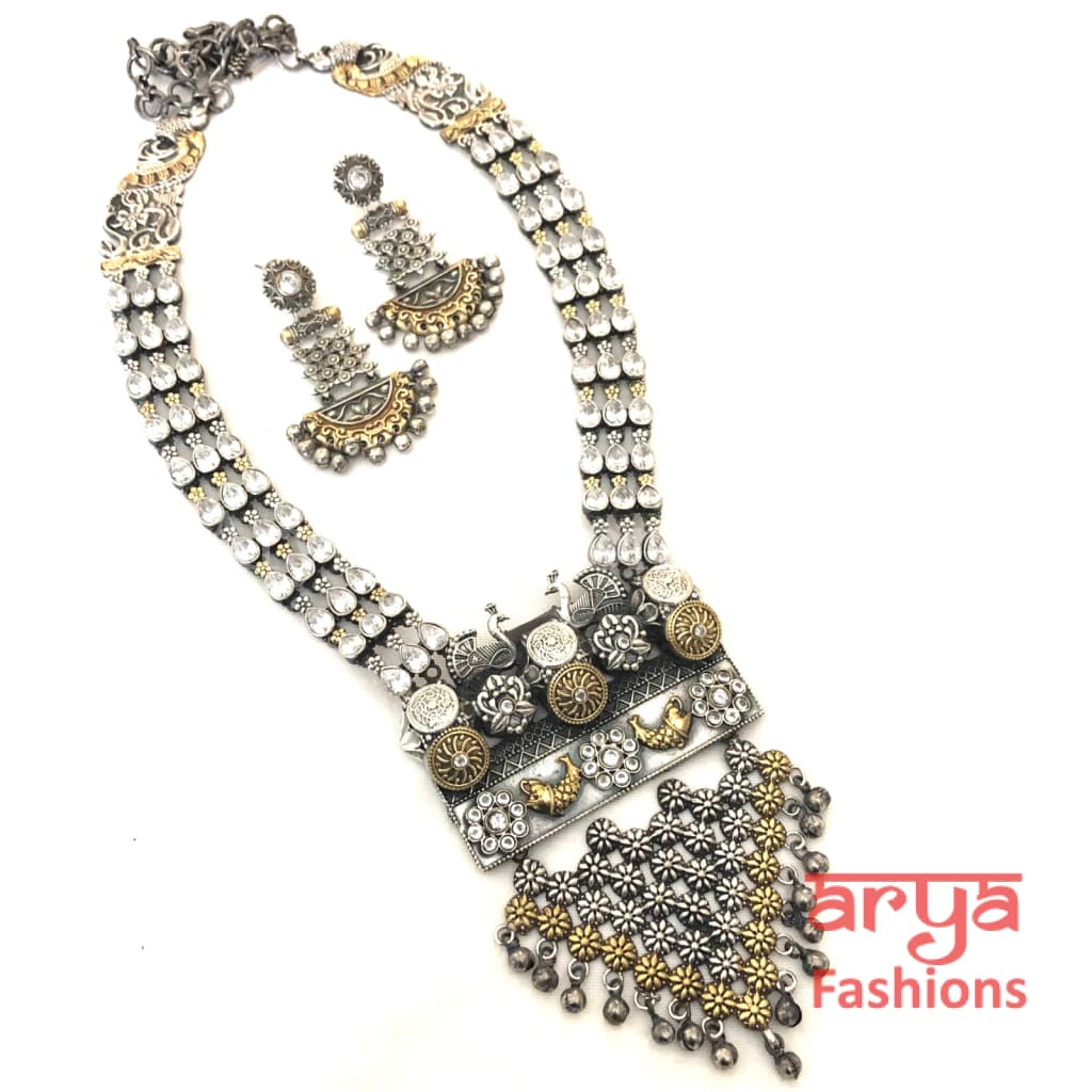 Shina Dual Tone Tribal Silver Oxidized Necklace with multicolor stones