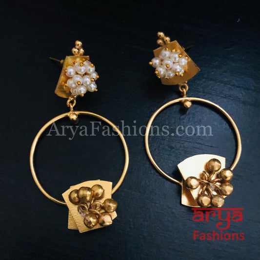 Shivi Golden Indo-Western Ethnic Earrings with Pearl and Ghungroo beads