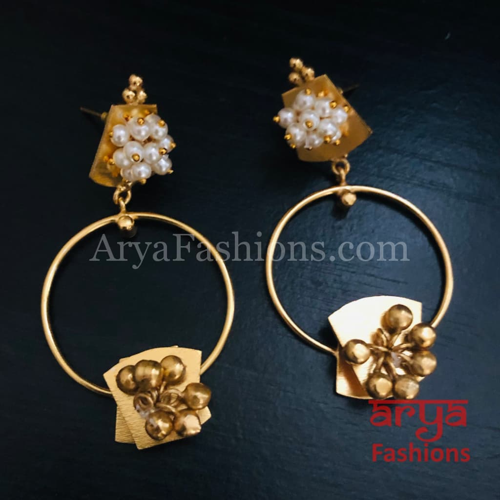 Shivi Golden Indo-Western Ethnic Earrings with Pearl and Ghungroo beads