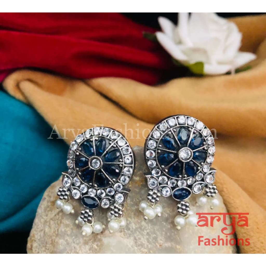 Shubhra Silver Oxidized Studs with Kemp Stones