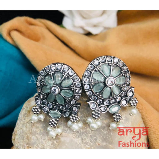 Shubhra Silver Oxidized Studs with Kemp Stones