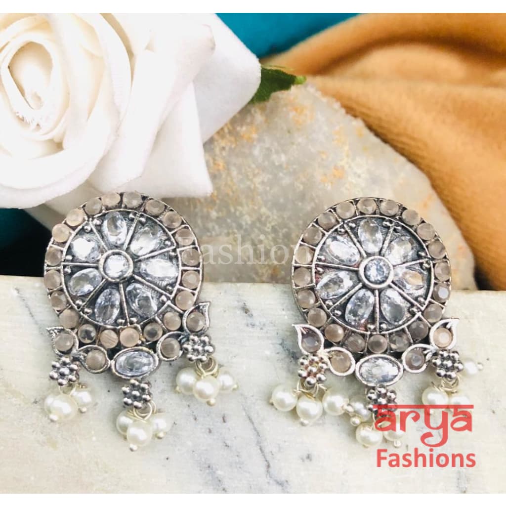 Shubhra Silver Oxidized Studs with Kemp Stones