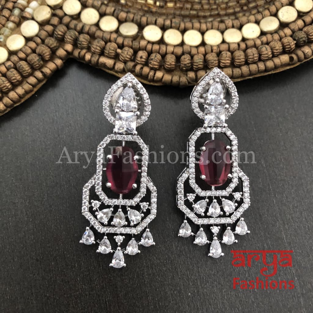 Silver Cubic Zirconia earrings with Ruby Semi Precious Stone