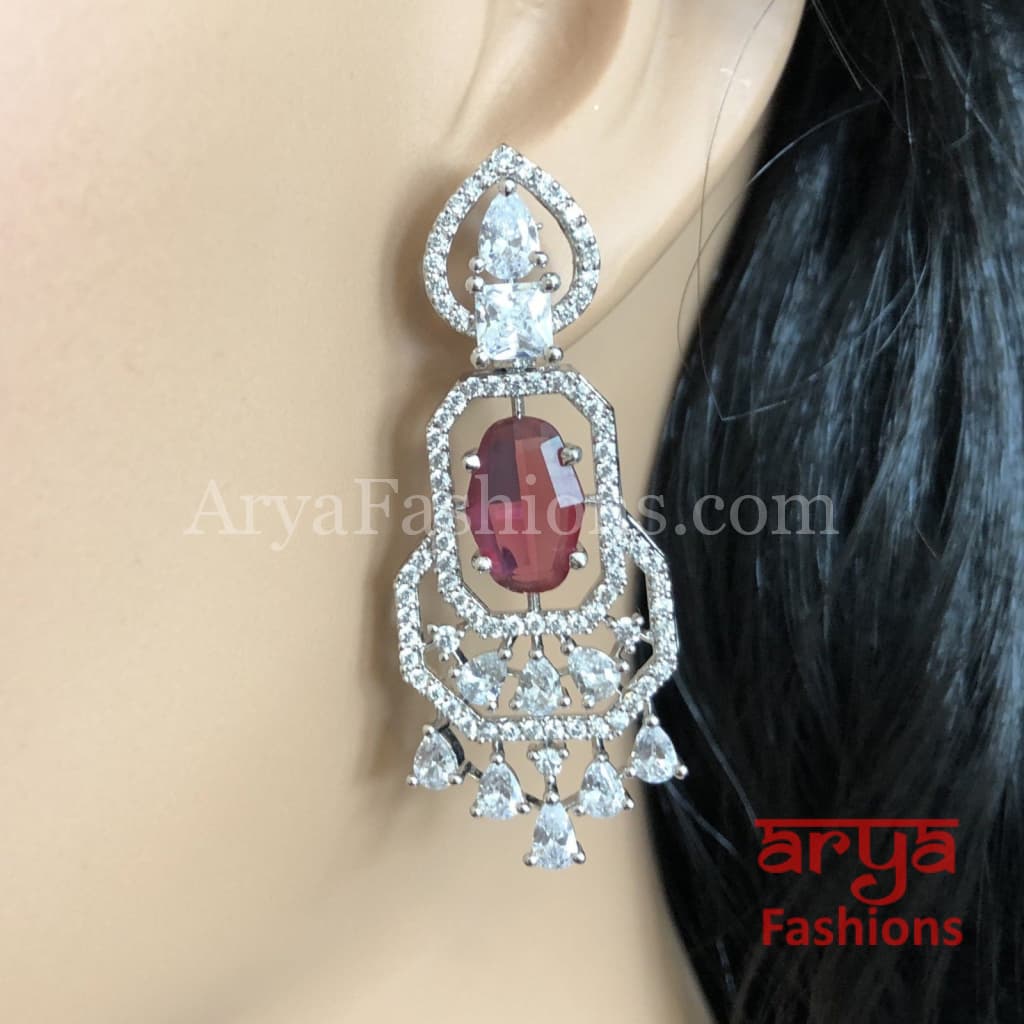 Silver Cubic Zirconia earrings with Ruby Semi Precious Stone