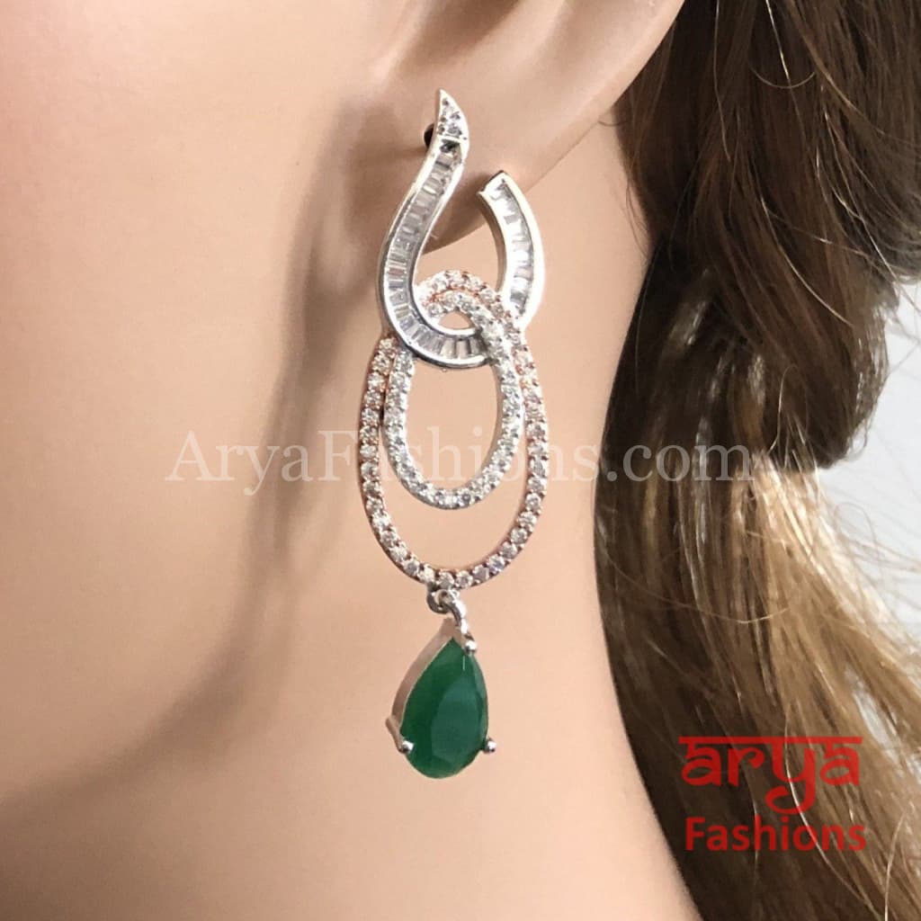 Silver Cubic Zirconia Emerald Trendy Earrings