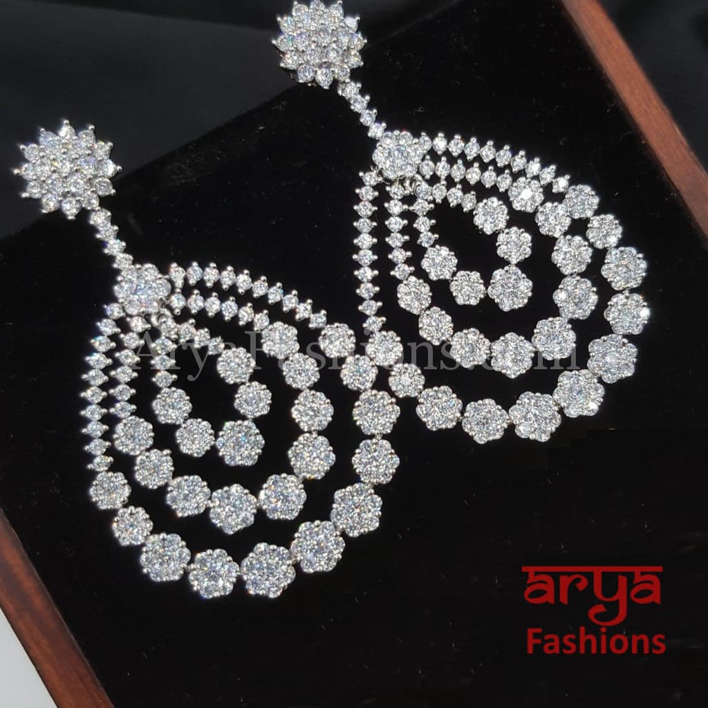Silver Cubic Zirconia Round Multi-Ring Trendy Fashion Earrings