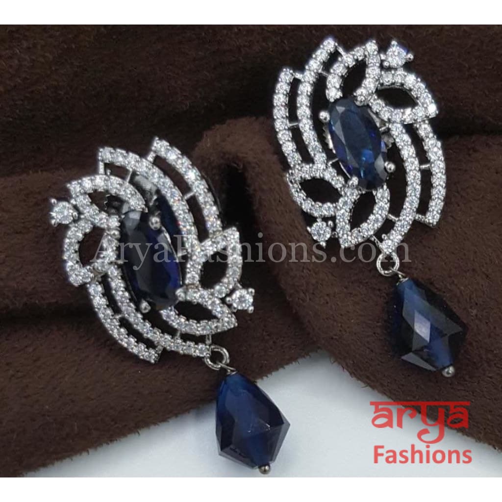 Silver Cubic Zirconia studs with Blue Beads