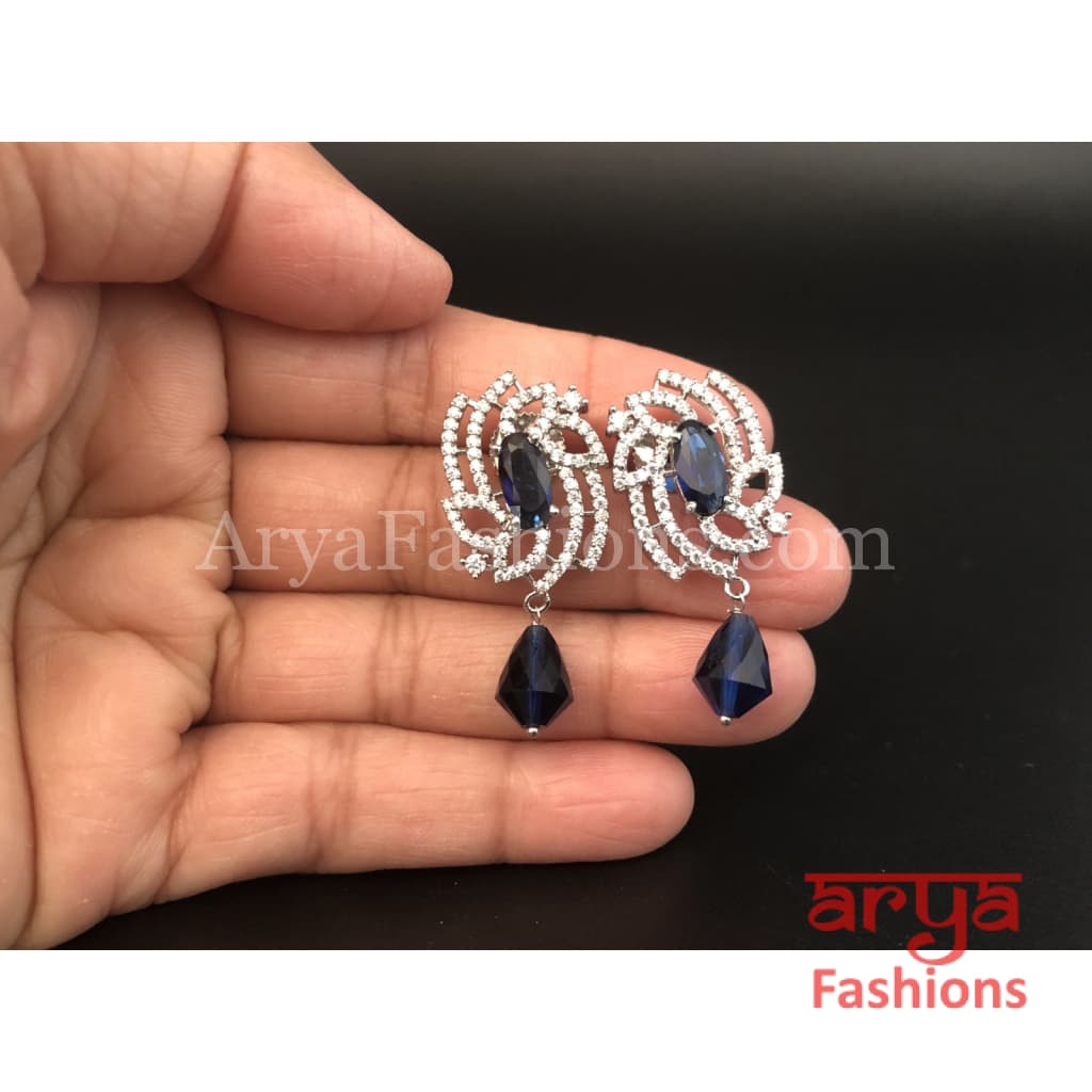 Silver Cubic Zirconia studs with Blue Beads