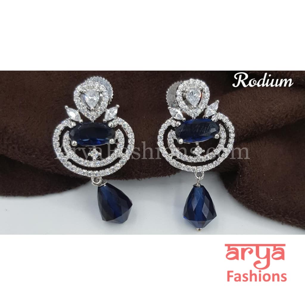 Silver Cubic Zirconia studs with Dark Blue Beads