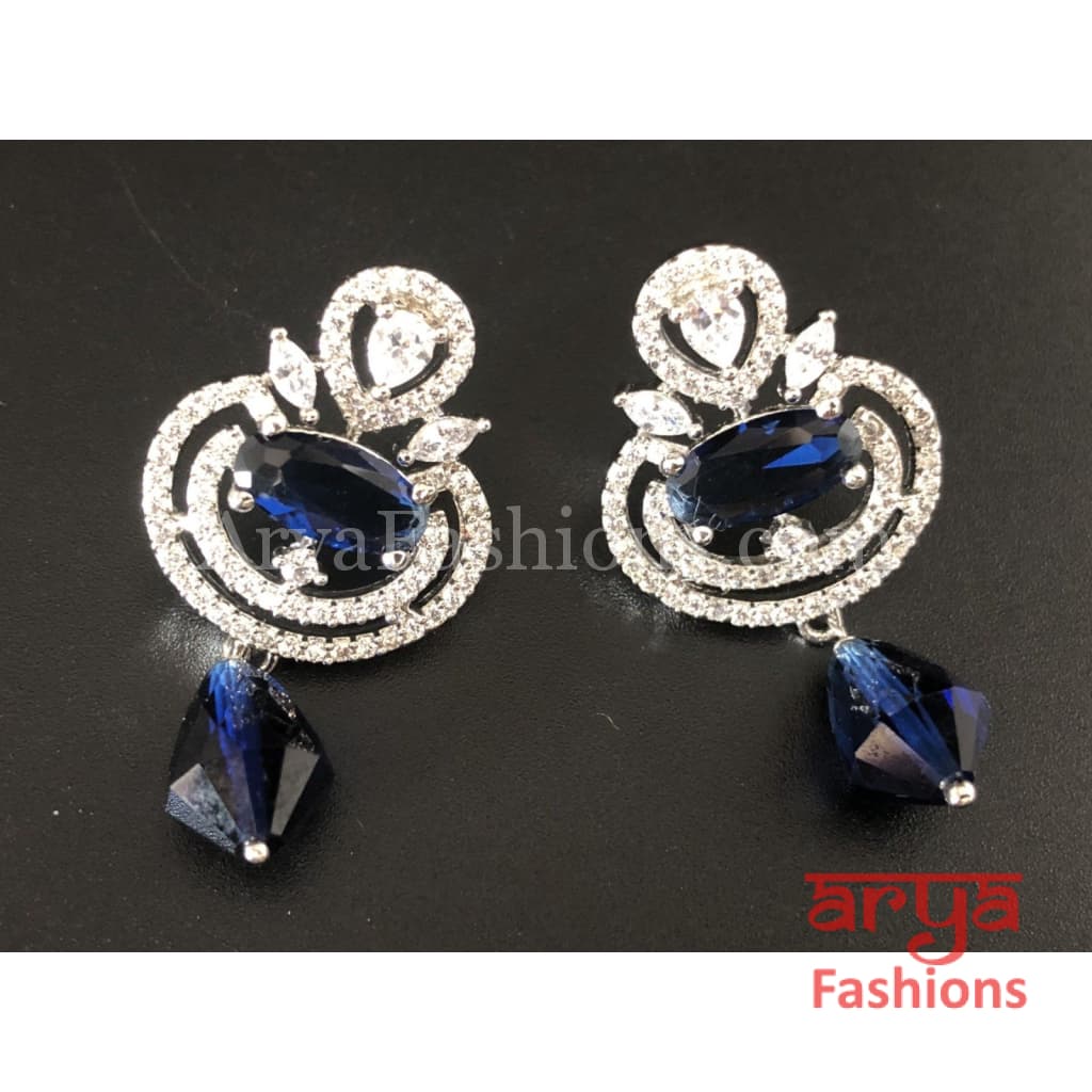 Silver Cubic Zirconia studs with Dark Blue Beads