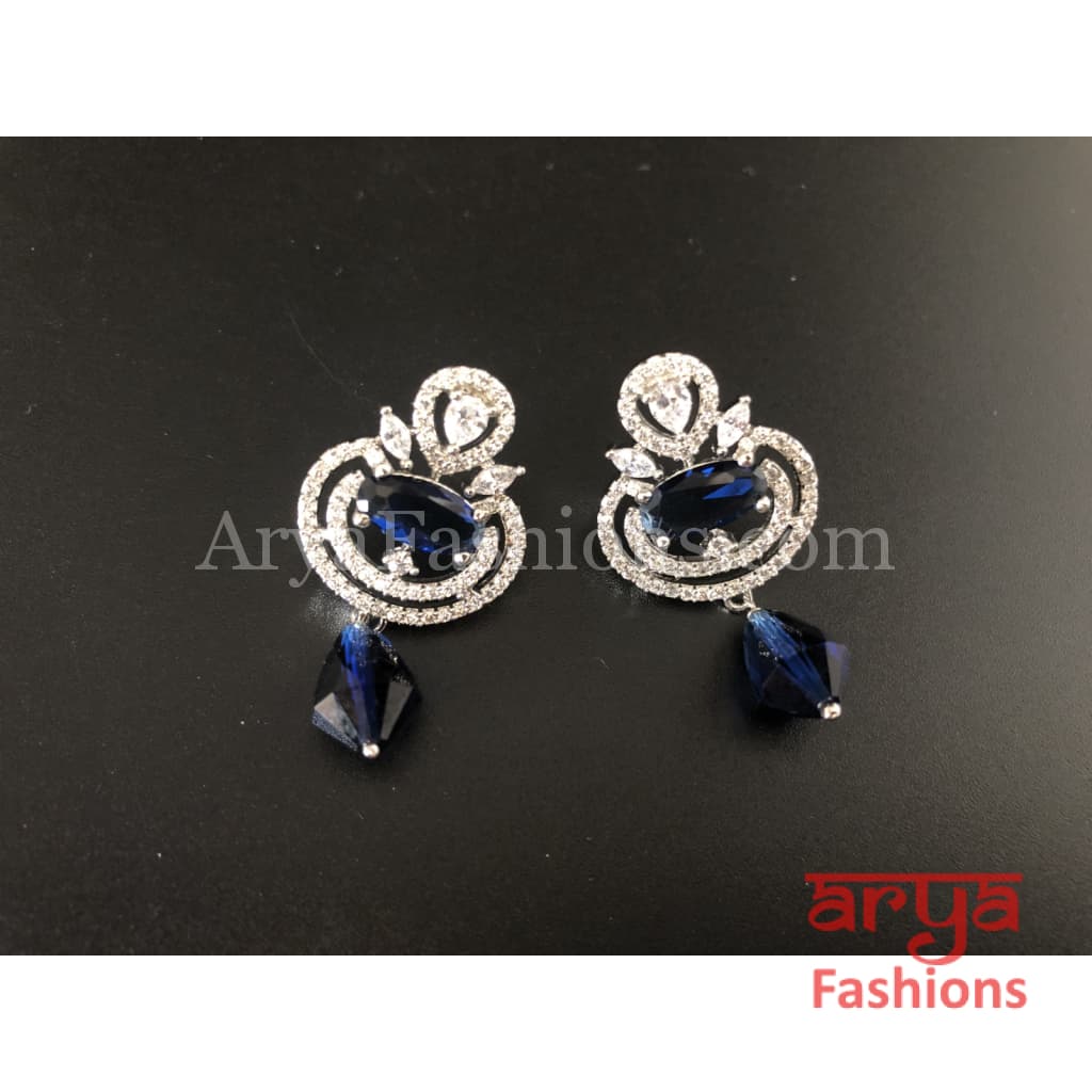 Silver Cubic Zirconia studs with Dark Blue Beads