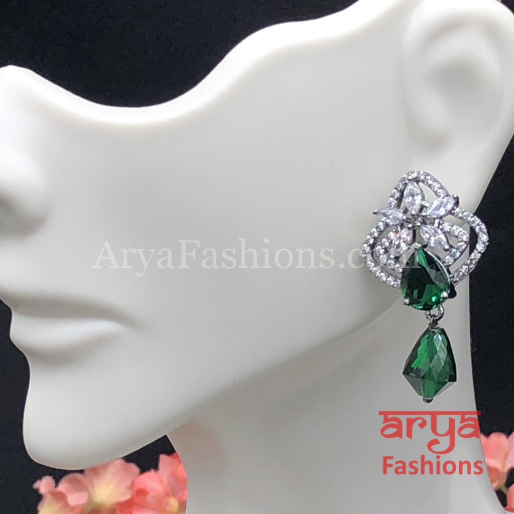 Silver Cubic Zirconia studs with dark Green Beads