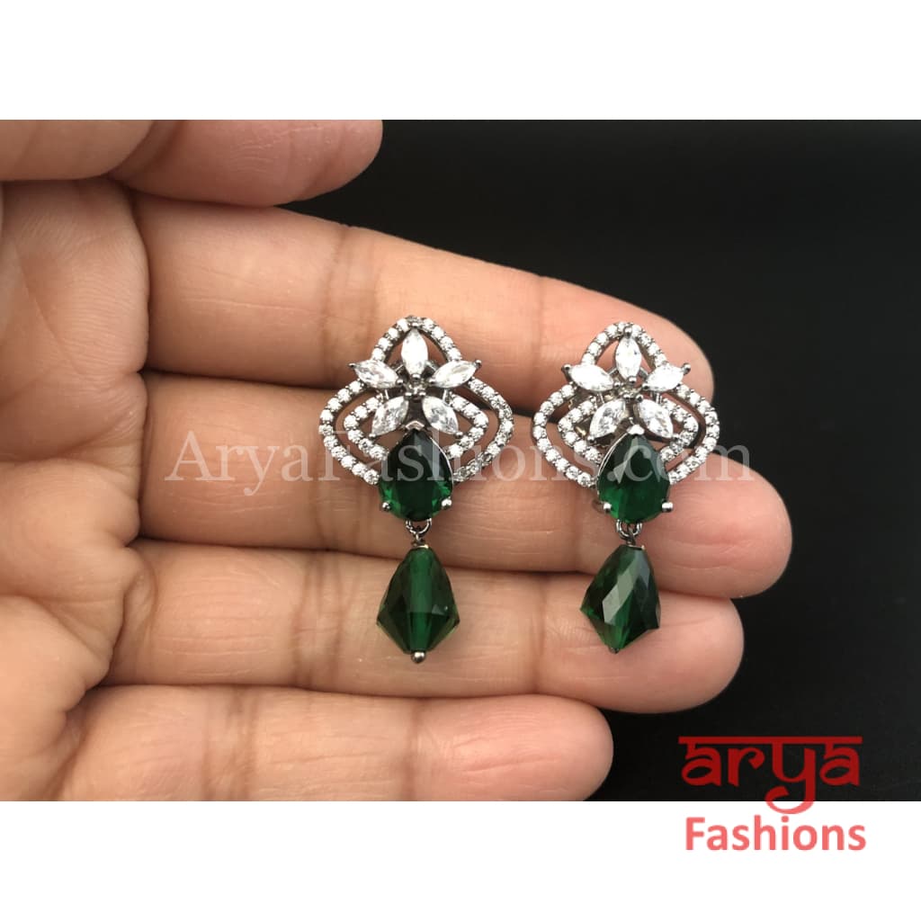 Silver Cubic Zirconia studs with dark Green Beads