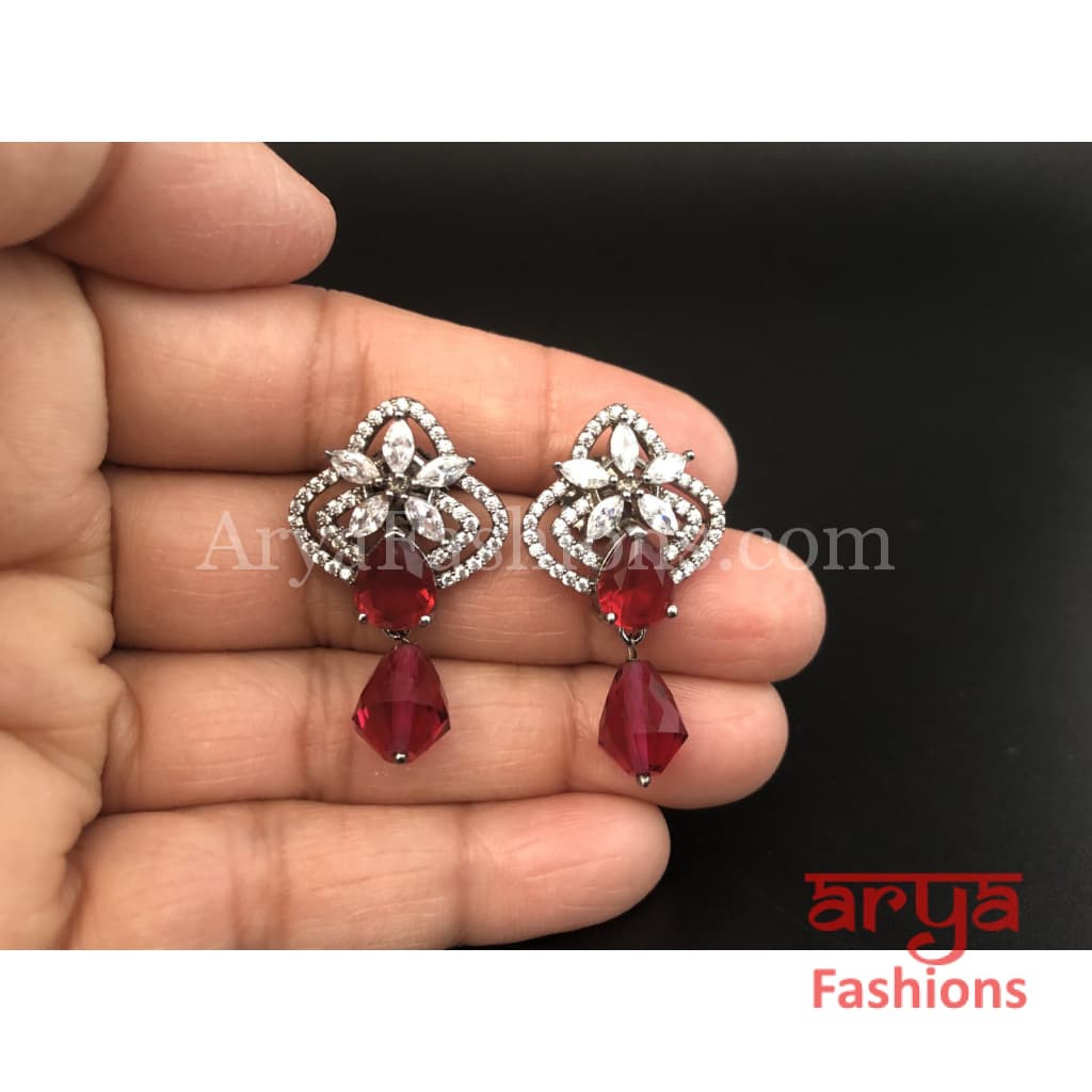 Silver Cubic Zirconia studs with dark Pink Beads