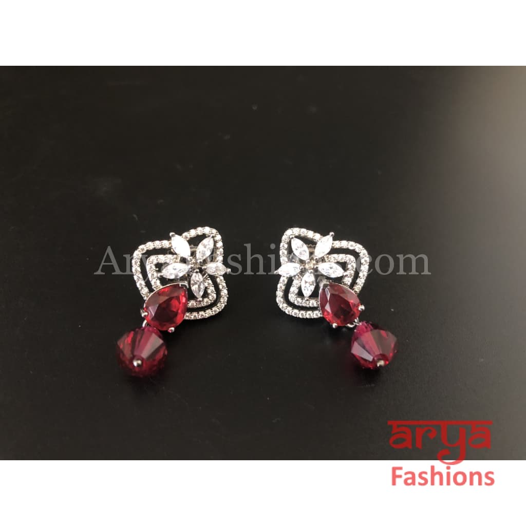 Silver Cubic Zirconia studs with dark Pink Beads