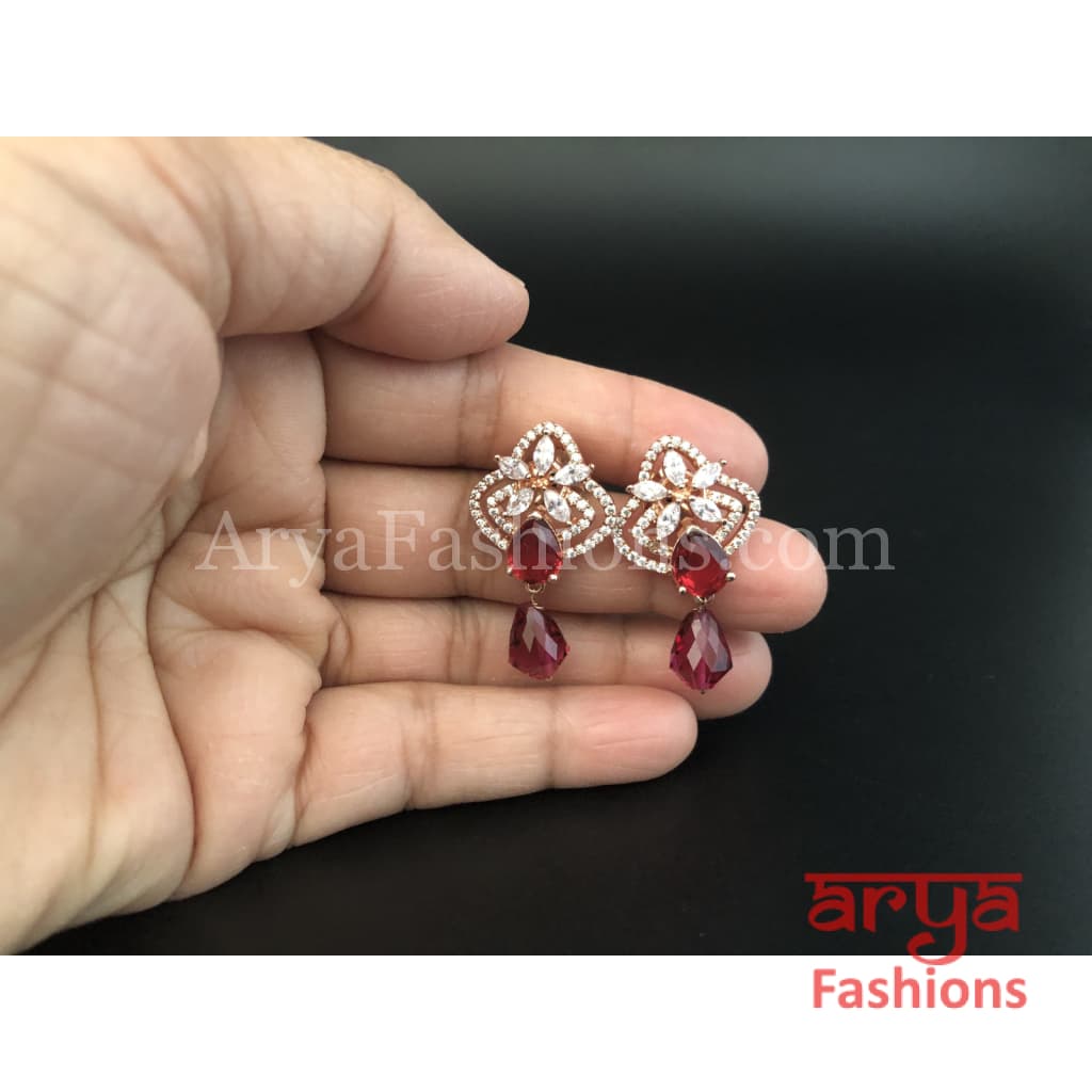 Silver Cubic Zirconia studs with dark Pink Beads in Rose Gold