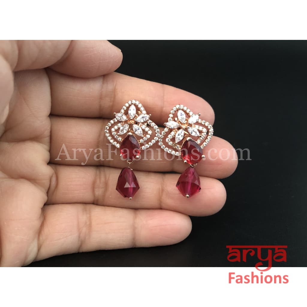 Silver Cubic Zirconia studs with dark Pink Beads in Rose Gold