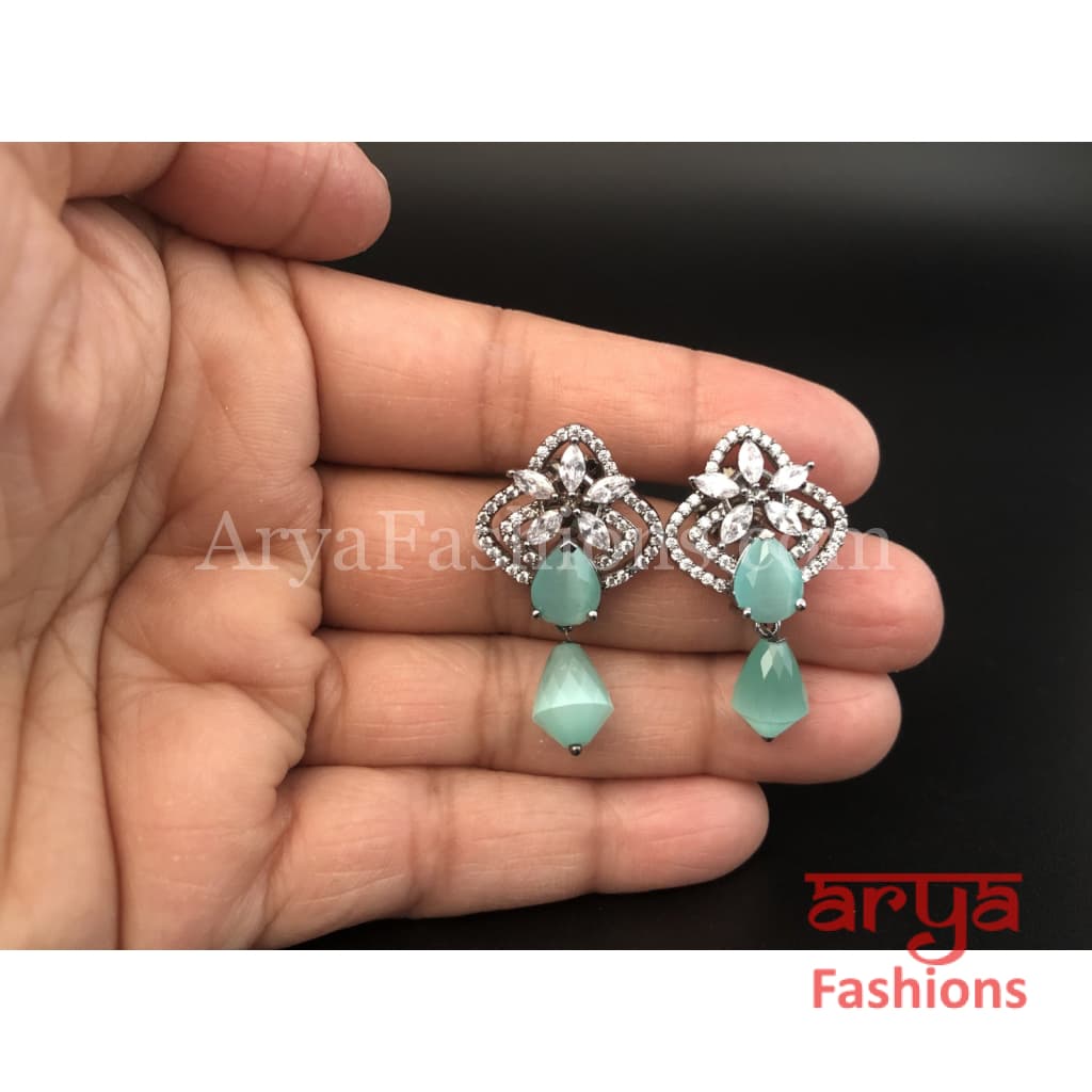 Silver Cubic Zirconia studs with Green Beads