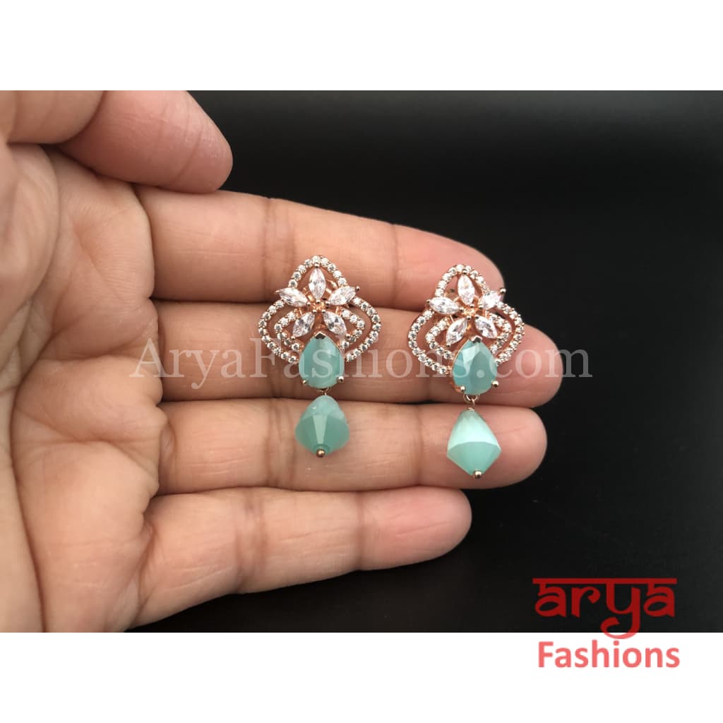 Silver Cubic Zirconia studs with Green Beads