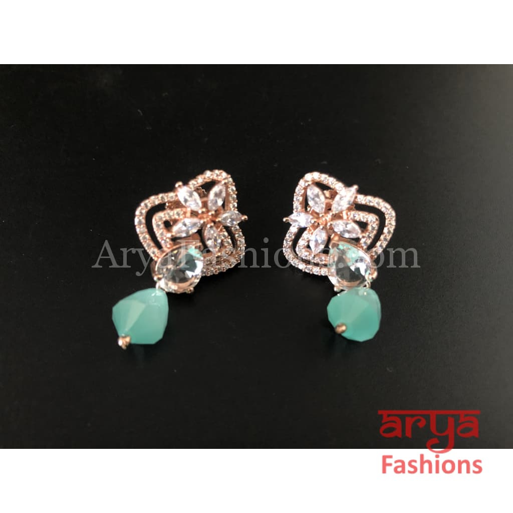 Silver Cubic Zirconia studs with Green and white Beads