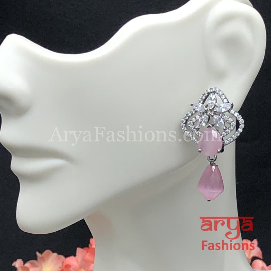 Silver Cubic Zirconia studs with Light Pink Beads