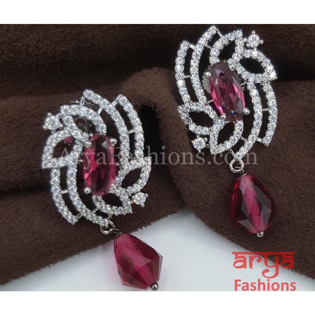 Silver Cubic Zirconia studs with Pink Beads