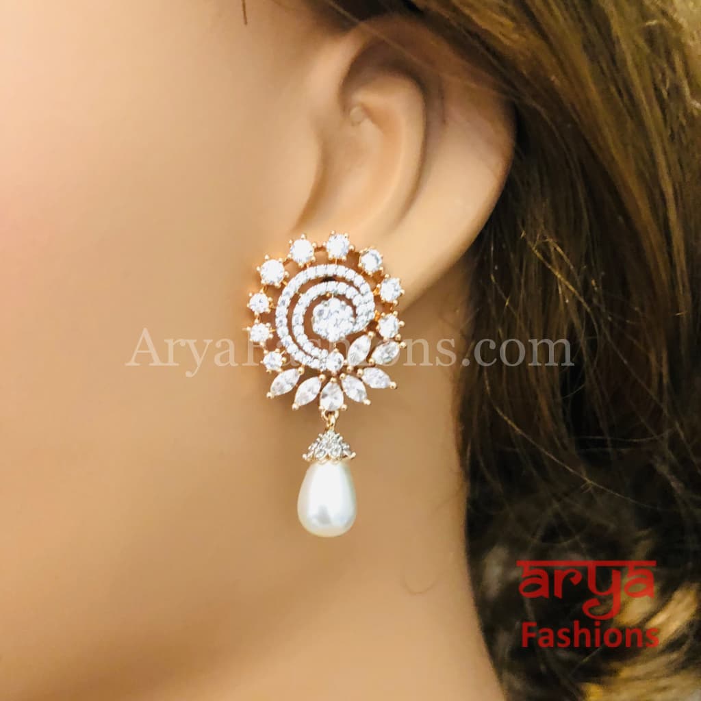 Silver CZ Earrings with Pearl Drops/ Designer Indian