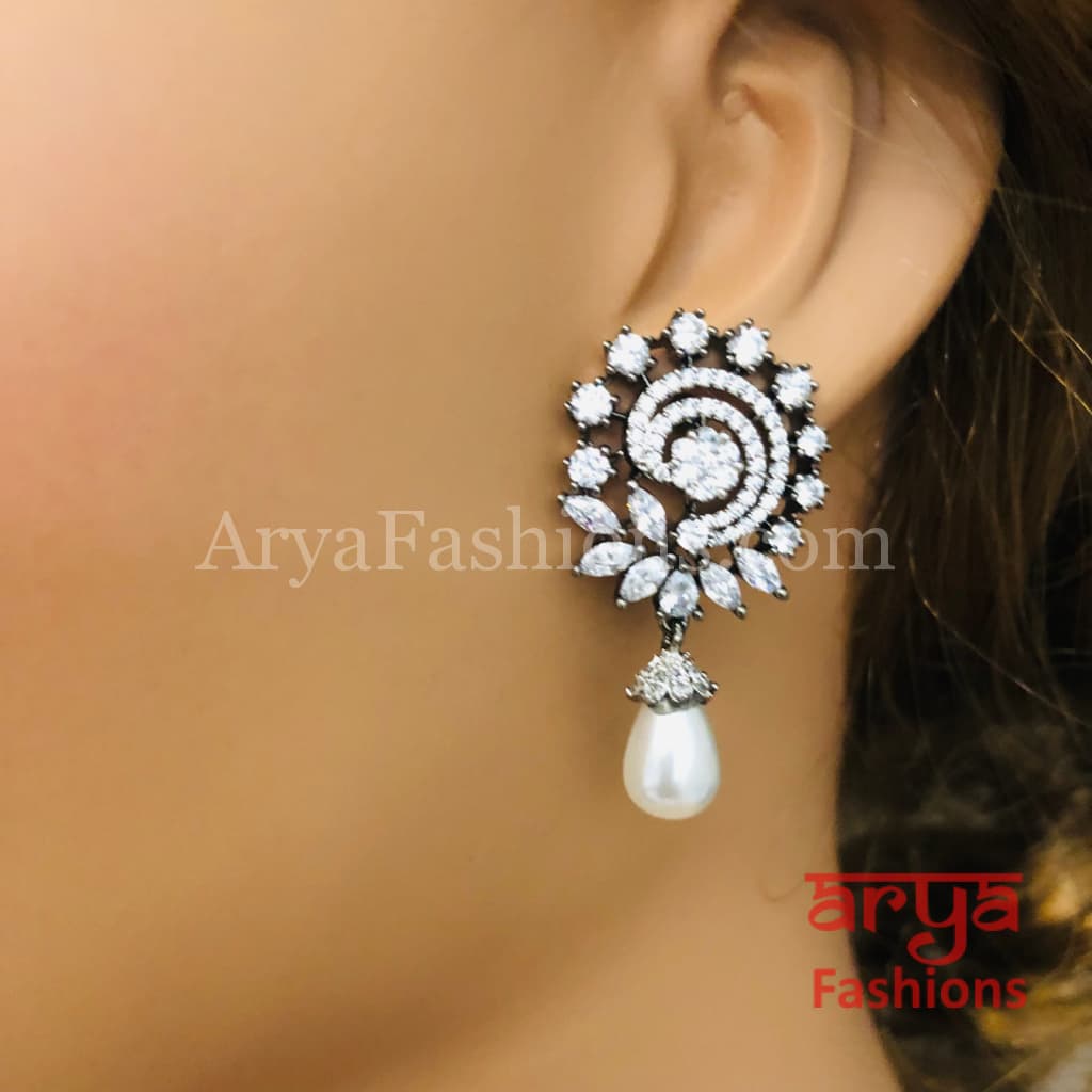 Silver CZ Earrings with Pearl Drops/ Designer Indian