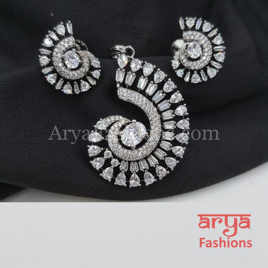 Silver CZ Leaf design Pendant Set with Beautiful Stud Earrings