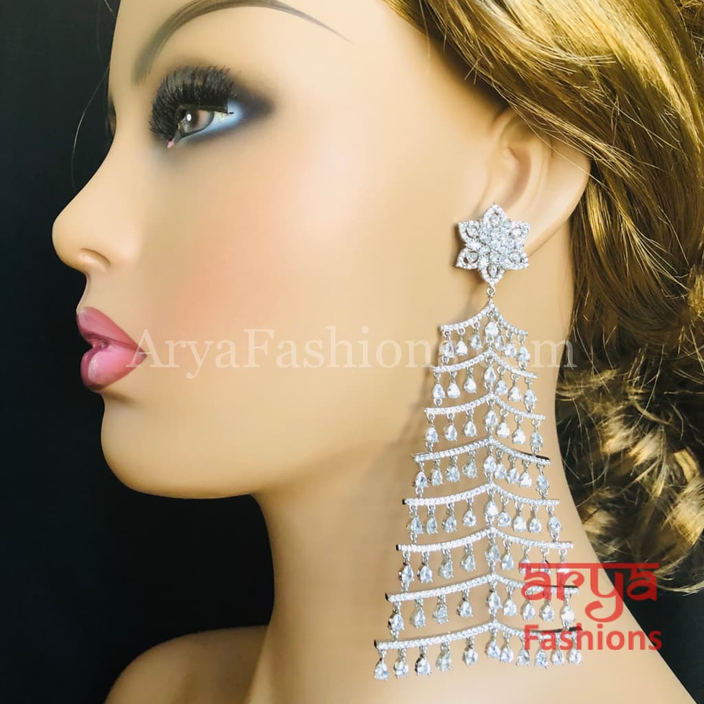 Silver CZ Long Designer Cocktail Earrings / Chandelier