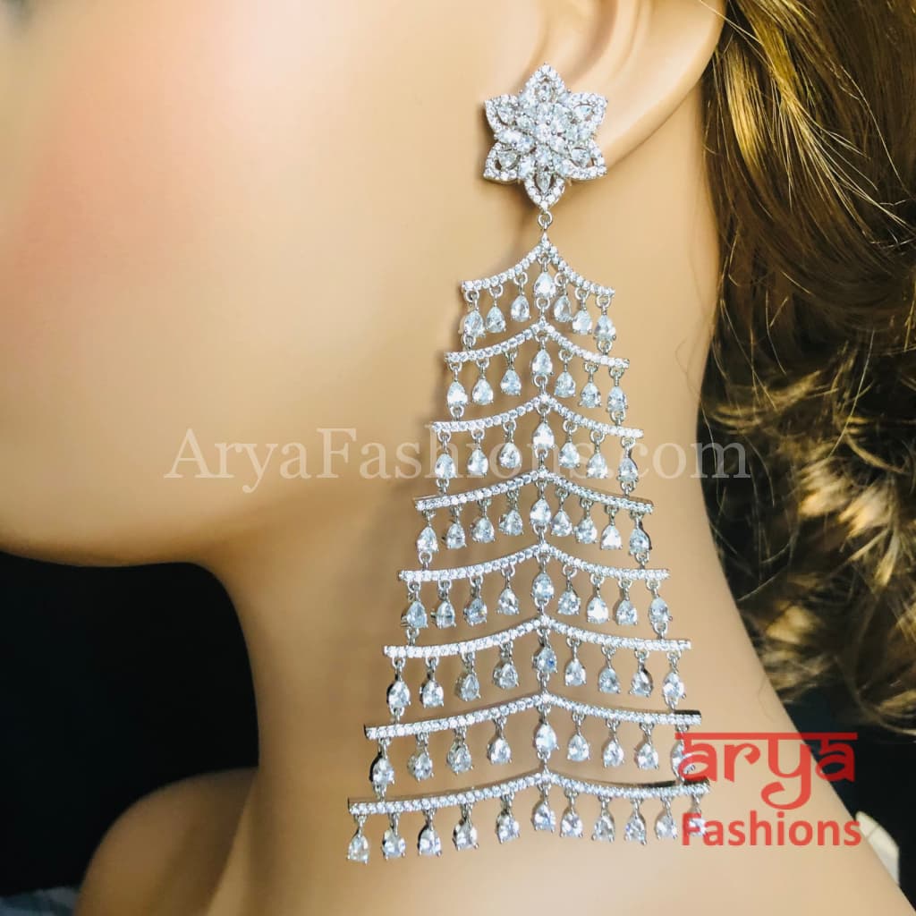 Silver CZ Long Designer Cocktail Earrings / Chandelier