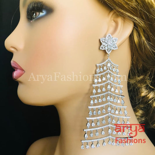 Silver CZ Long Designer Cocktail Earrings / Chandelier