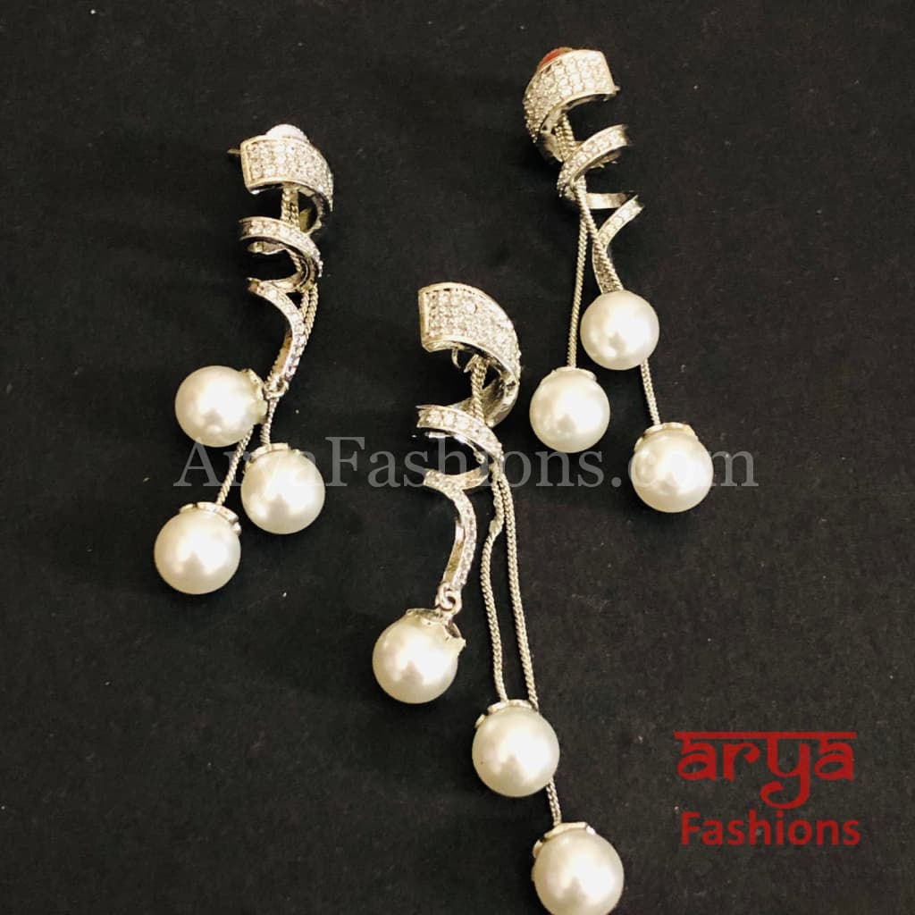 Silver CZ Pendant Set with Beautiful Long Earrings