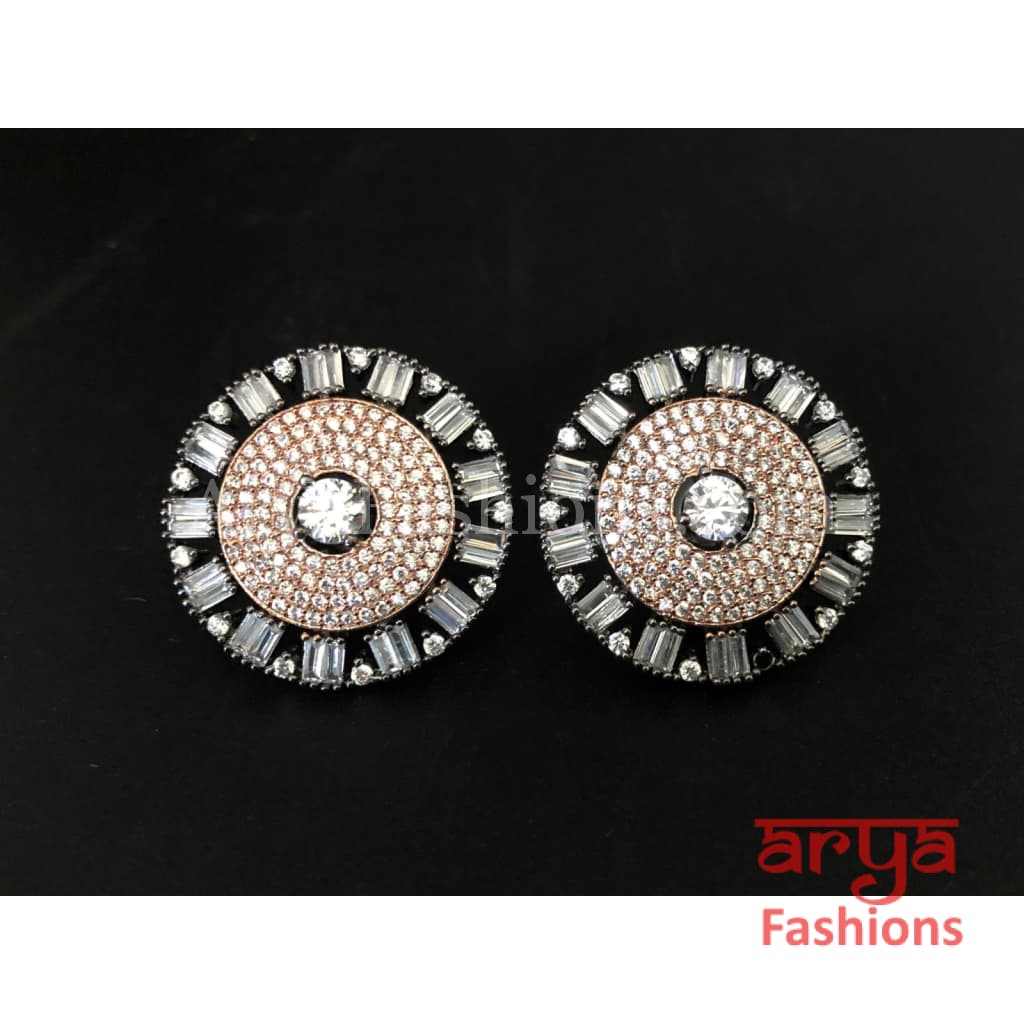 Silver CZ Round Cocktail Studs in Gray and Rose Gold finish