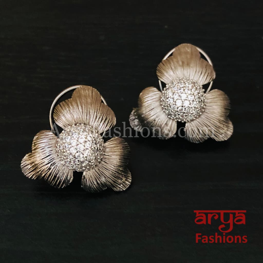 Silver Gray CZ Fusion Studs/ Rose Gold Flower Studs Earrings
