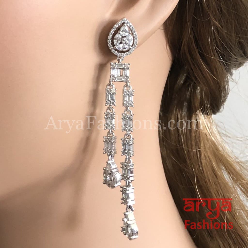 Silver Long Indian Cubic Zirconia Earrings