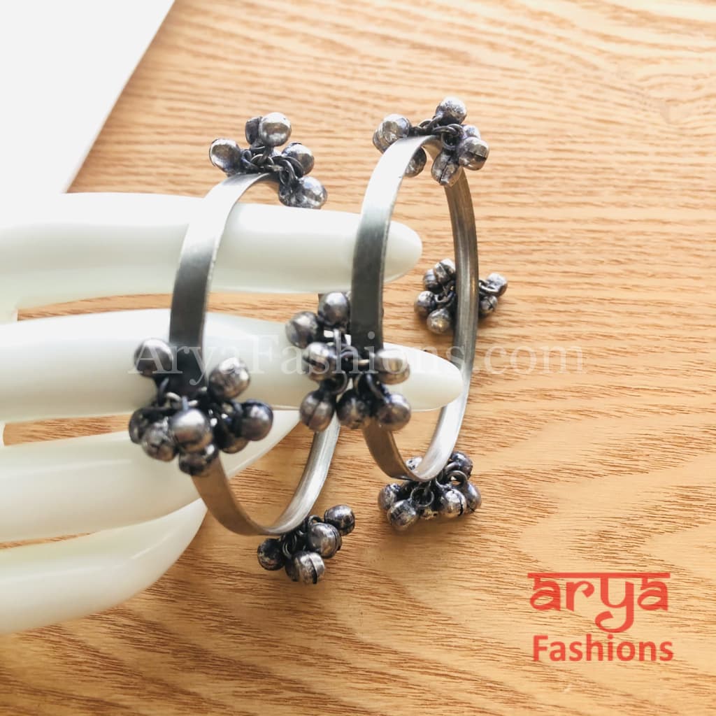 Silver Openable Oxidized Bangles with Beads Pair of 2