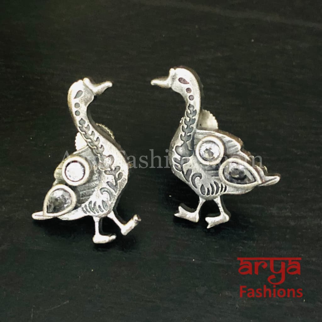 Silver Oxidized Bird Stud Earrings